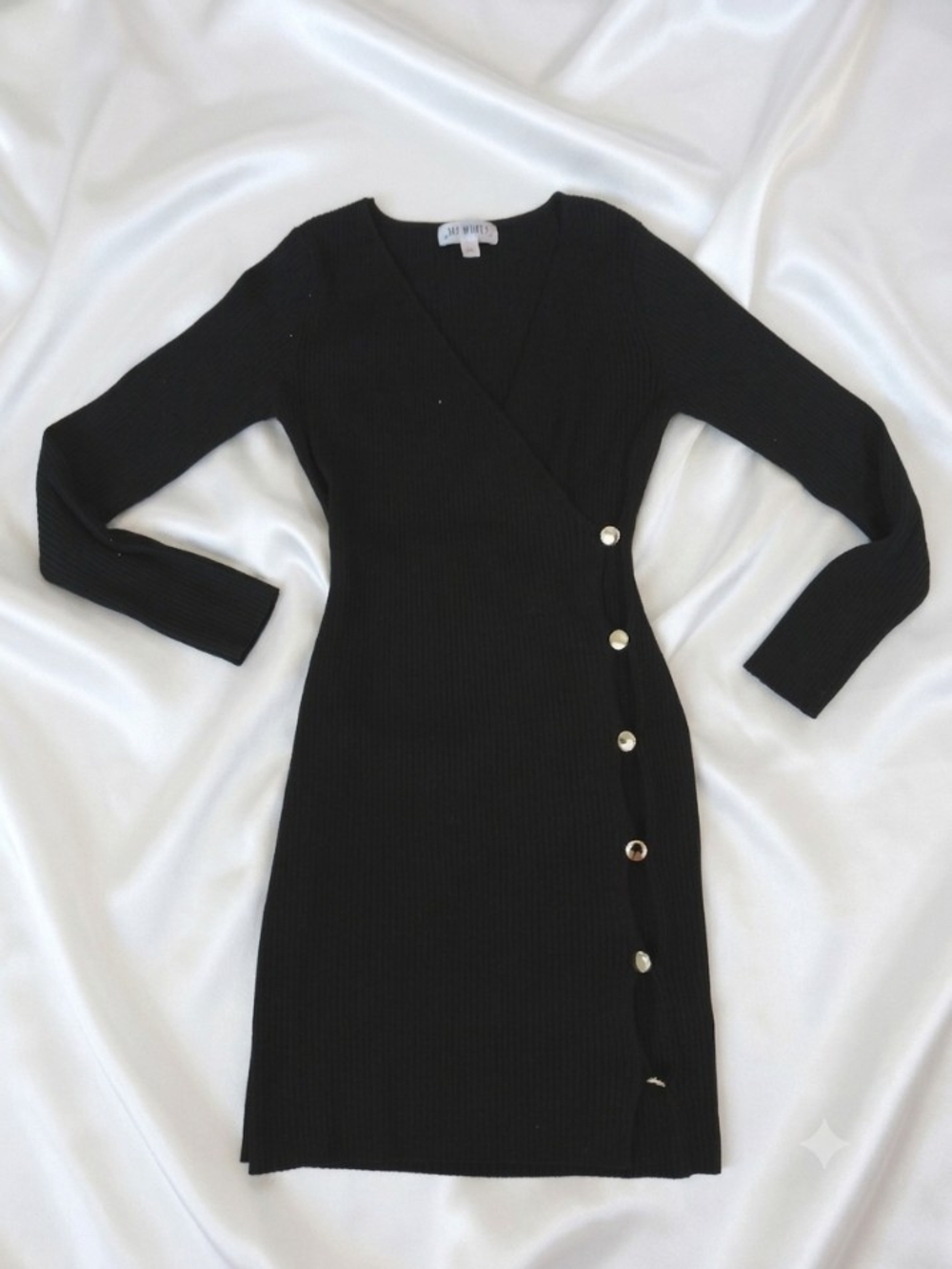 Say What? Black Ribbed Wrap Midi Dress with Side Gold Buttons